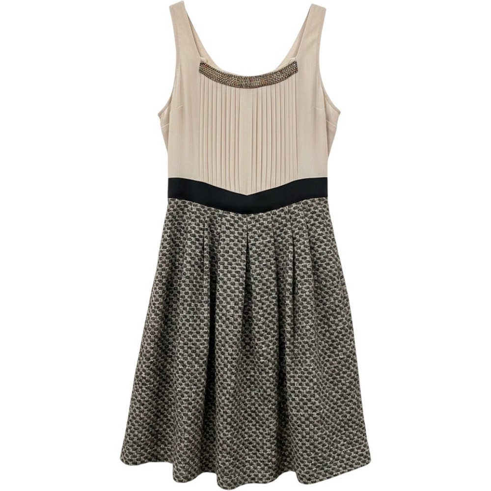 Plenty by Tracy Reese Dress 6 Beige Silk Wool Basketweave Beaded Mixed Media